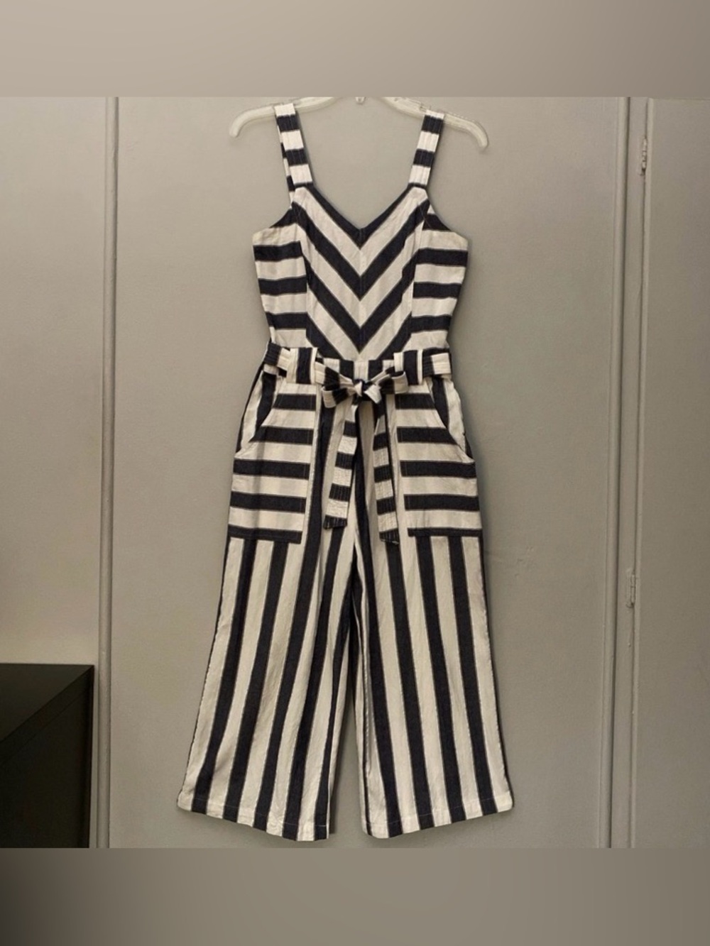 DEREK HEART Sweetheart Stripe Chambray Cotton Wide Leg Romper Crop Jumpsuit M